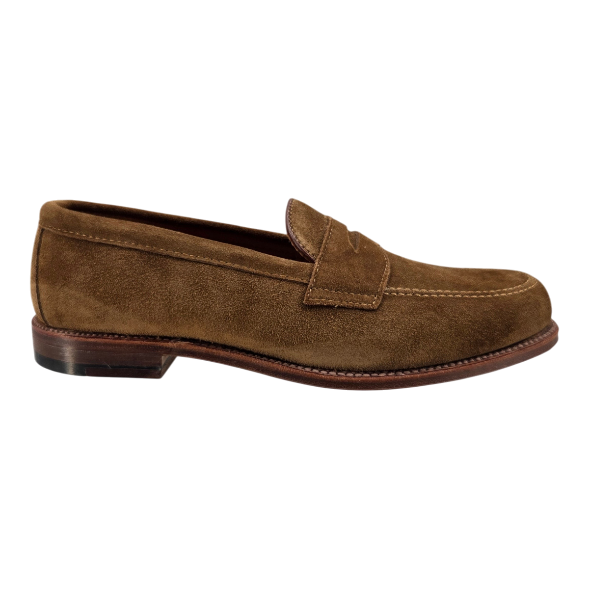 MILWORKS Alden 6173F leisure penny loafer in snuff suede with a flexible leather sole and Goodyear welted construction.