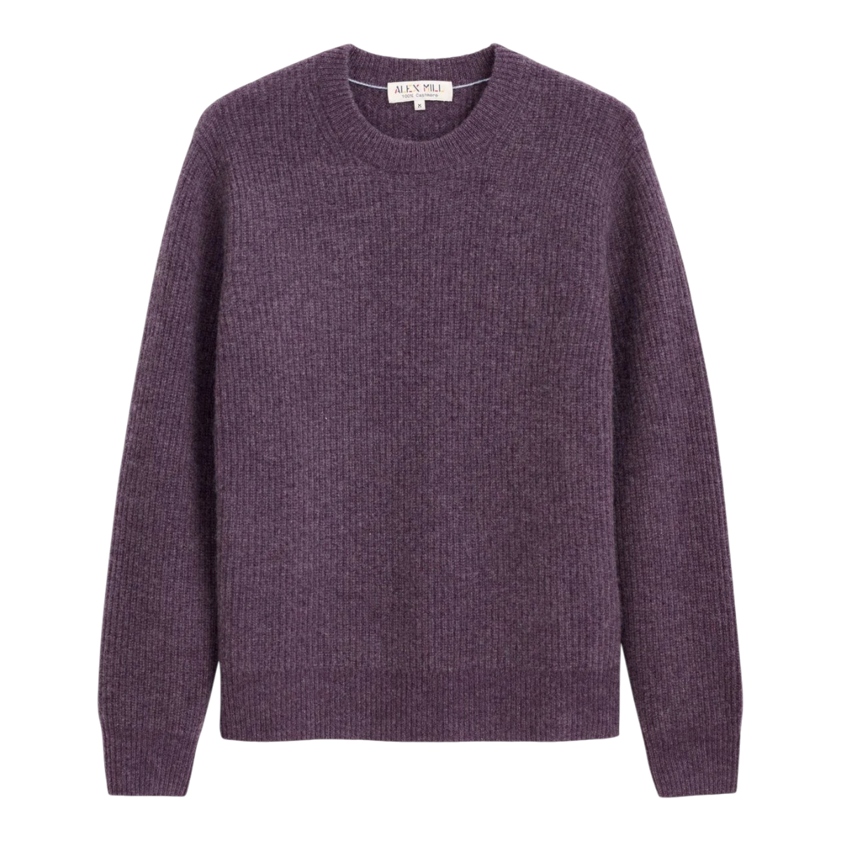 MILWORKS Alex Mill Jordan crewneck sweater in heather amethyst 100% washed cashmere with ribbed texture