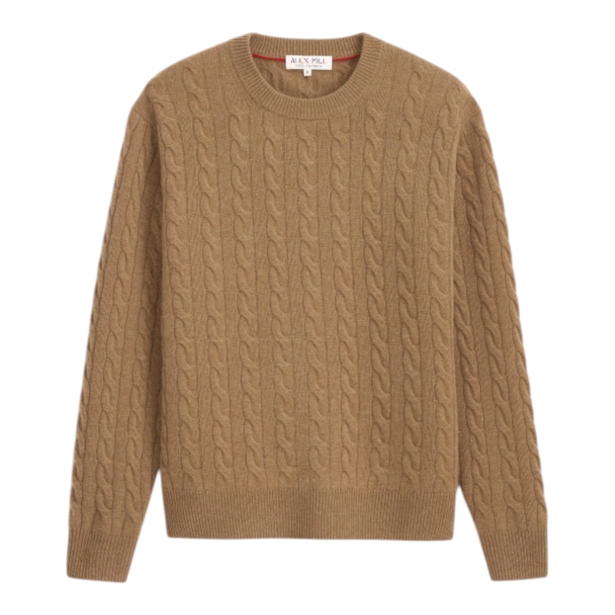 MILWORKS Alex Mill cocoa brown 100% cashmere cable knit sweater with a classic crew neck and ribbed trim.