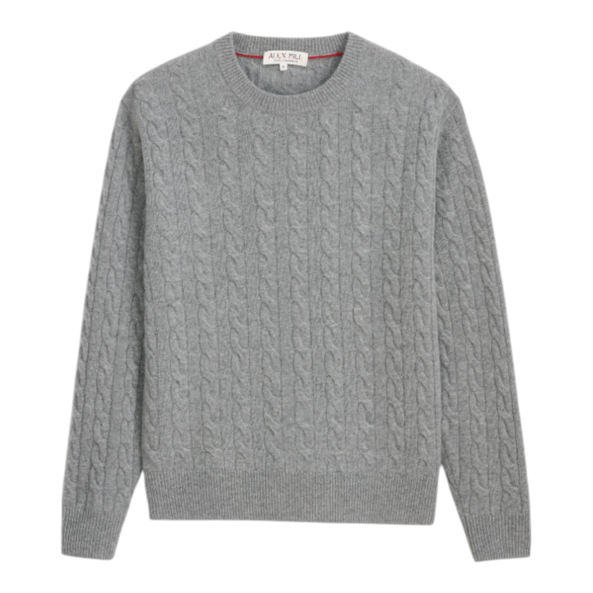MILWORKS Alex Mill heather grey 100% cashmere cable knit sweater with a classic crew neck and contrast neck detail.