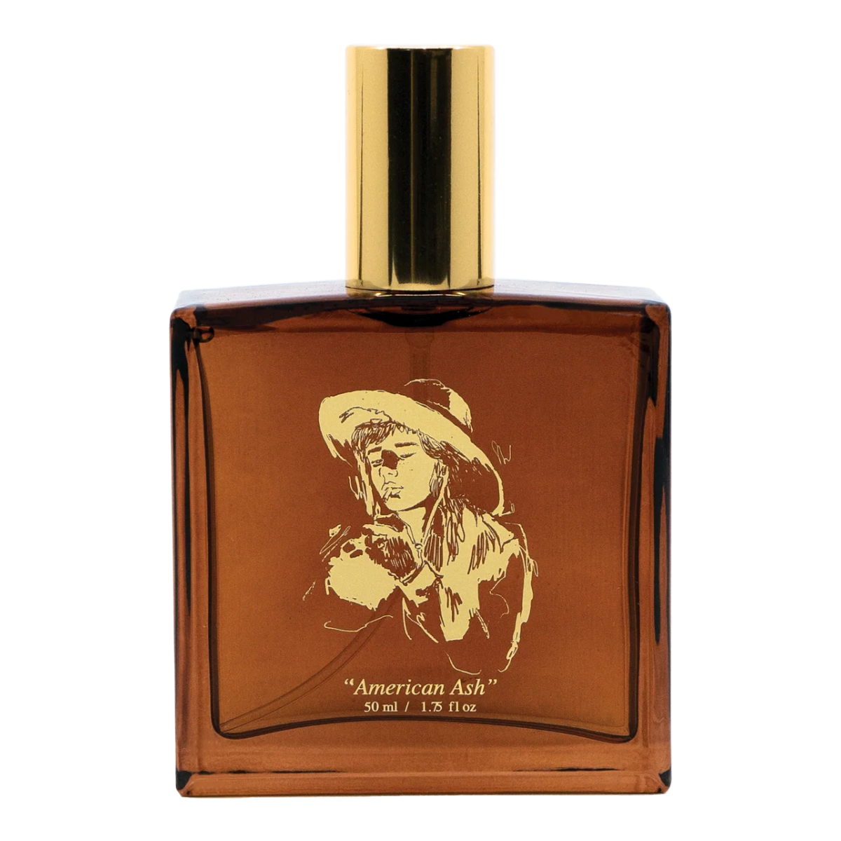 MILWORKS American Ash 50ml perfume in a square amber glass bottle with a gold cap and cowboy illustration label.