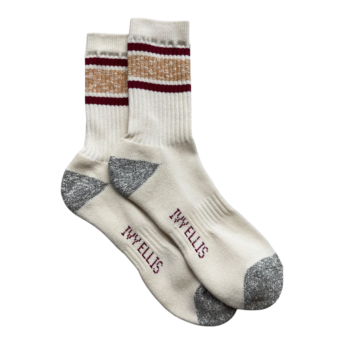 MILWORKS Andre crew socks in cream cotton blend with burgundy and gold stripes and grey heel and toe details.