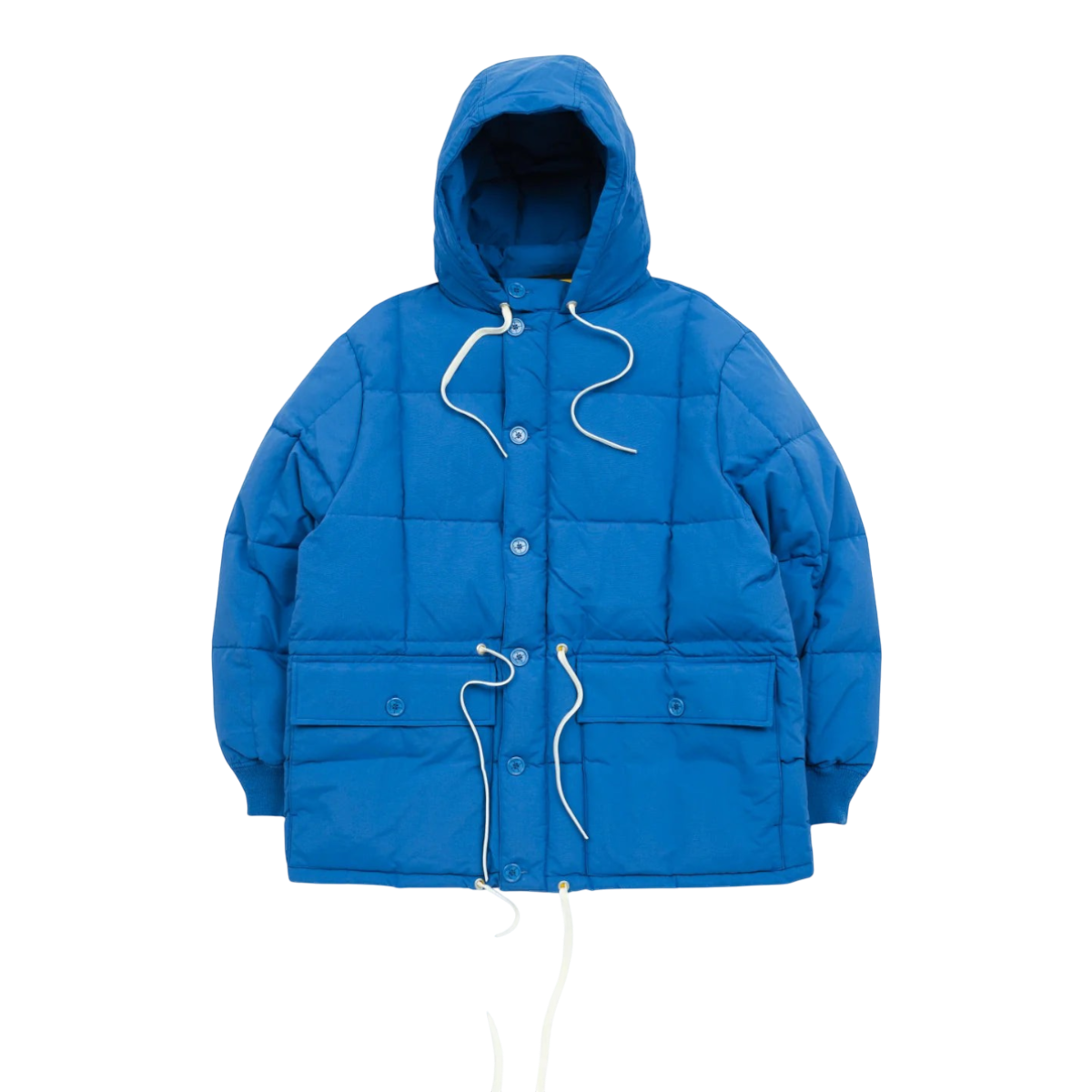 MILWORKS blue raspberry Arctic Parka with a nylon shell, duck-down insulation, hood, and buttoned storm placket.