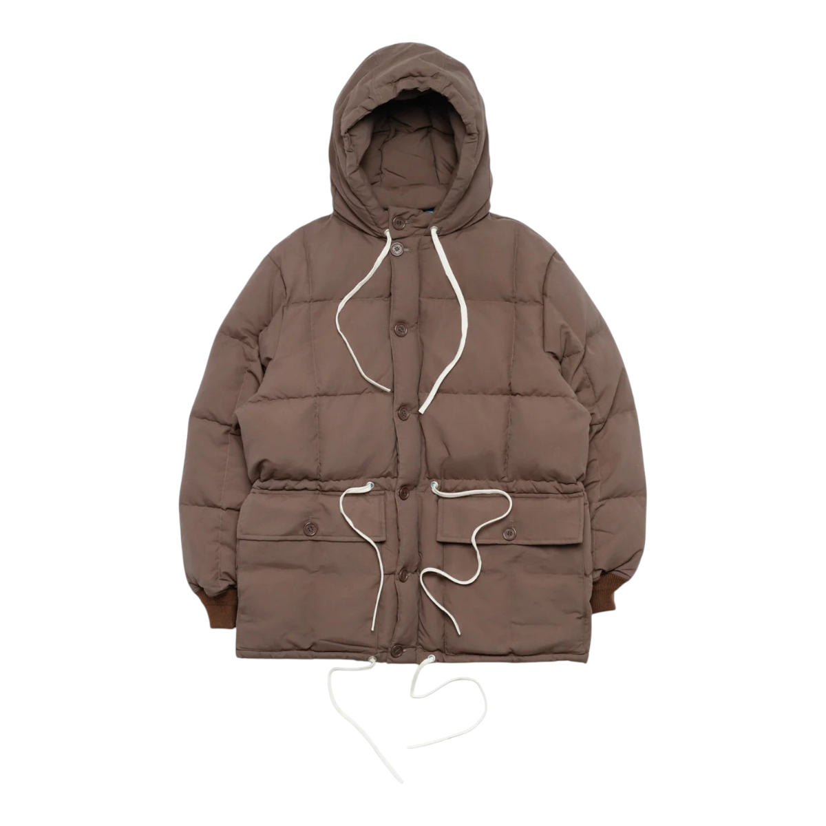 MILWORKS Arctic Parka in cappuccino brown with a nylon shell, duck-down insulation, hood, and white drawcords.
