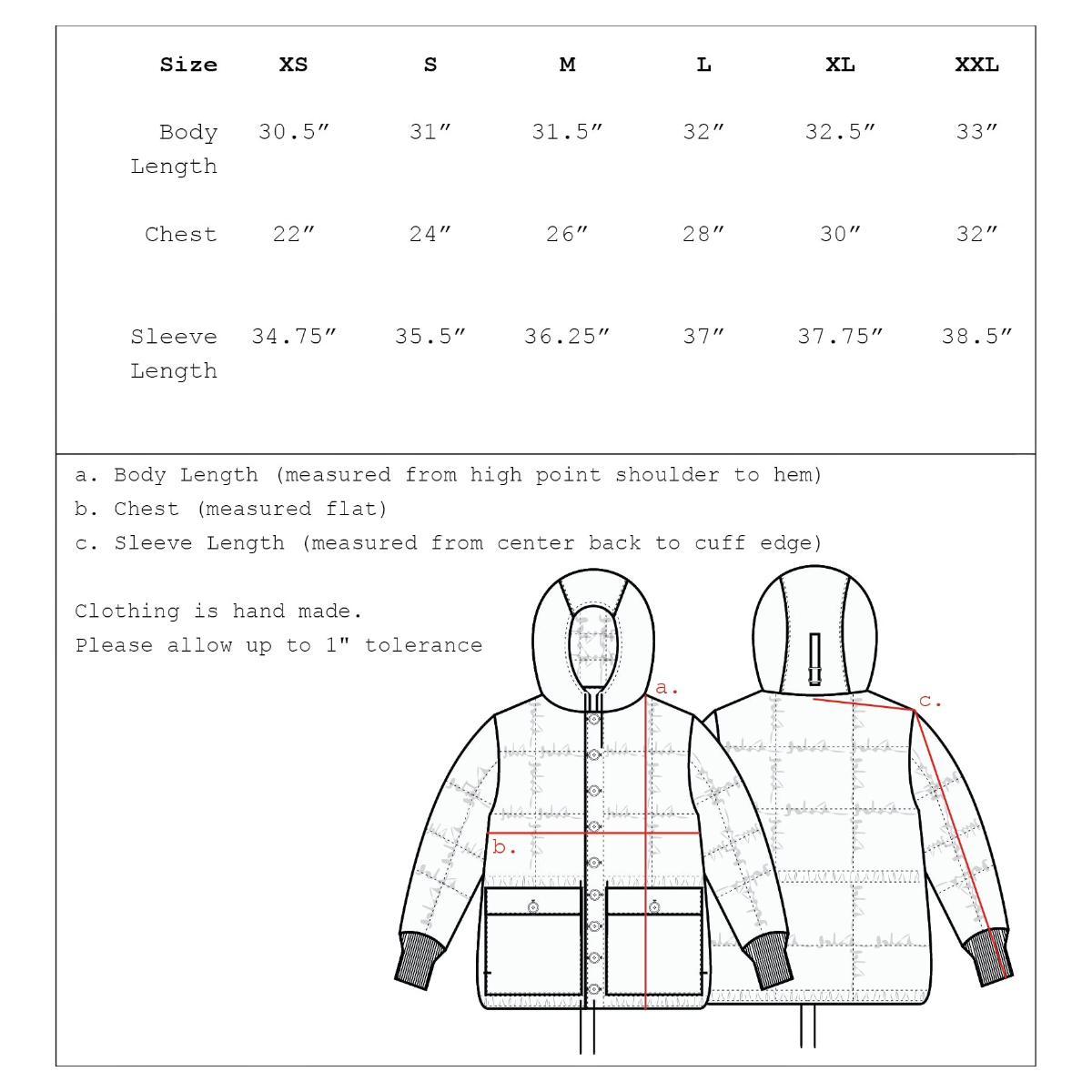 MILWORKS Arctic Parka size chart illustration showing front and back views with measurement guidelines