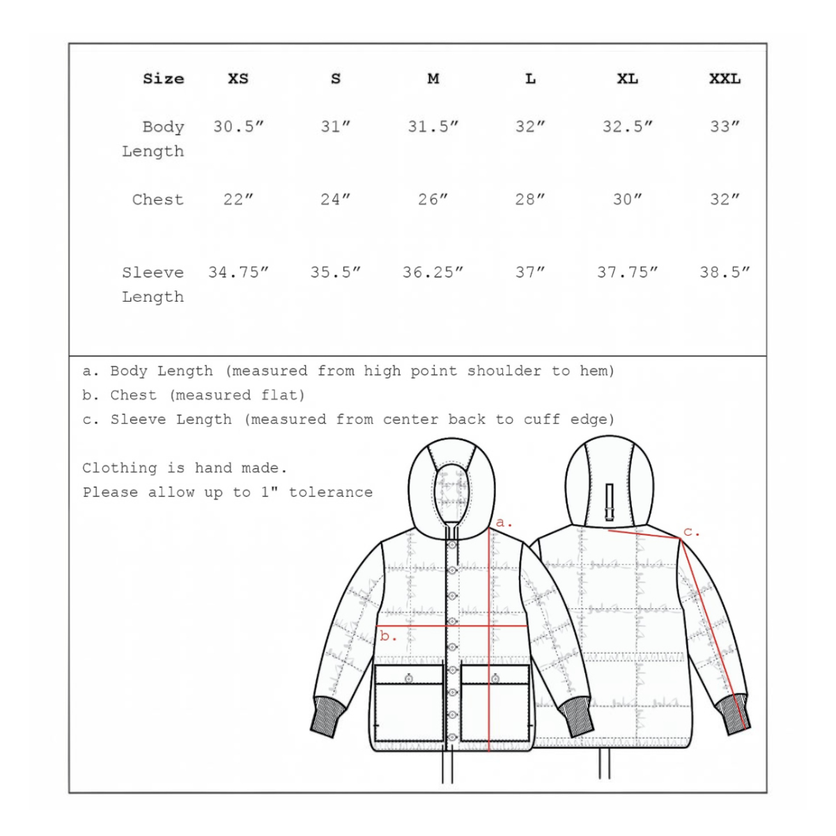 MILWORKS Arctic Parka size chart showing front and back technical drawings with measurements for body, chest, sleeve