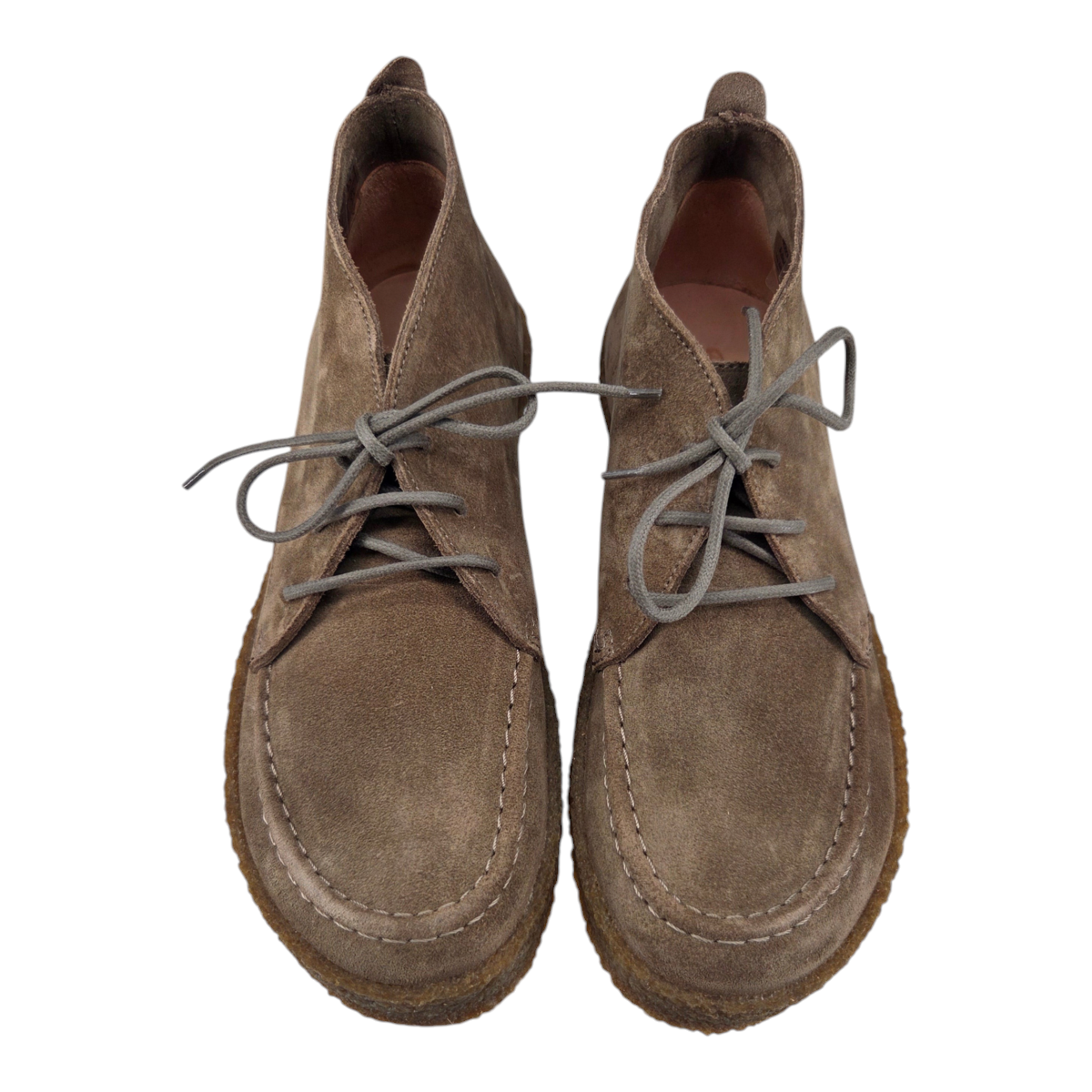 MILWORKS Astorflex Aliflex taupe suede moc toe desert boots with natural rubber soles, top-down view.