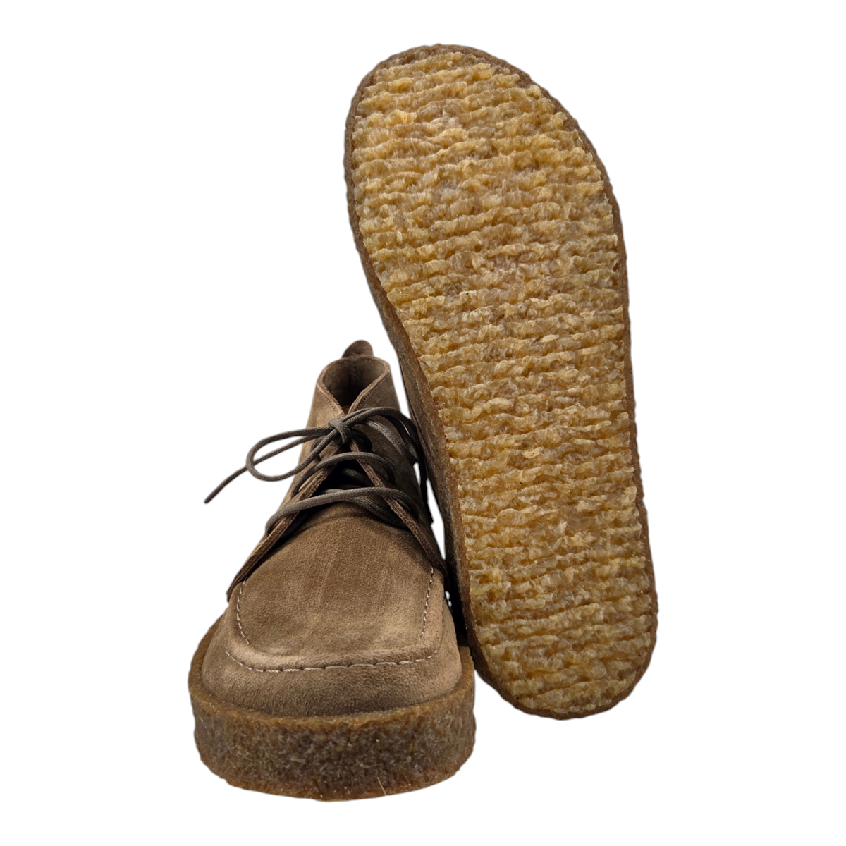 MILWORKS Astorflex Aliflex taupe suede moc toe desert boot with natural rubber crepe sole
