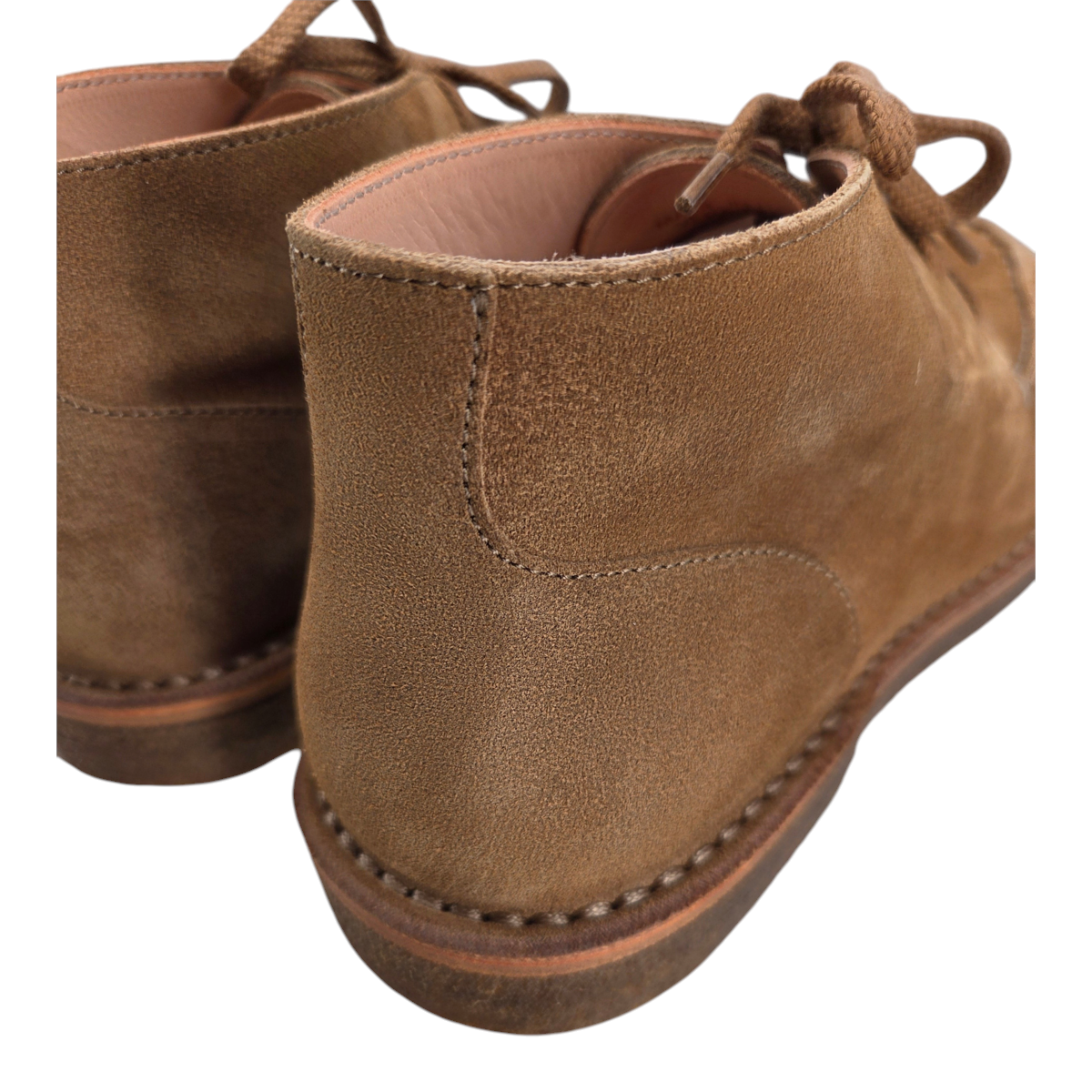MILWORKS Astorflex Dukeflex dark khaki suede moc-toe desert boots with natural rubber soles, made in Italy.