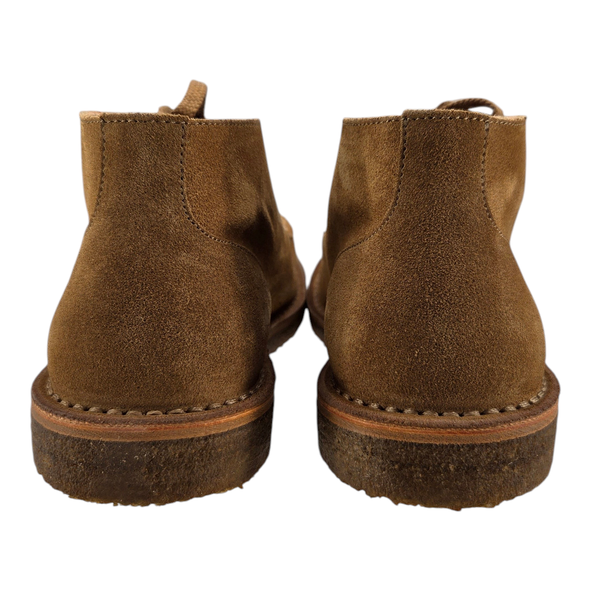 MILWORKS Astorflex Dukeflex dark khaki suede moc-toe desert boots, rear view showing natural rubber crepe soles.
