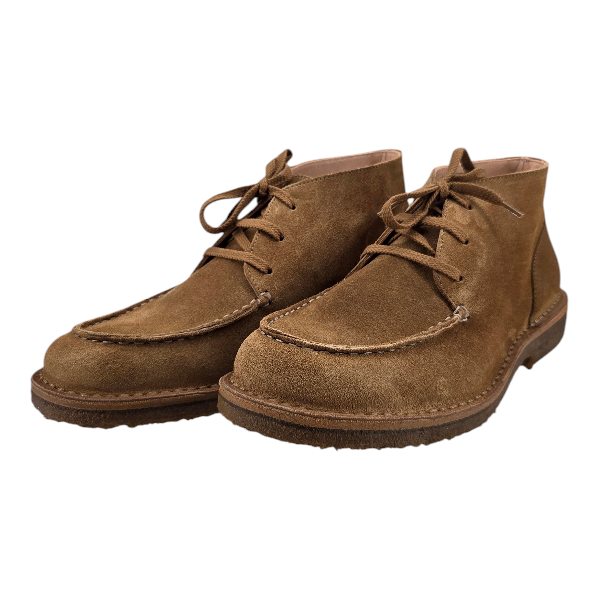 MILWORKS Astorflex Dukeflex dark khaki suede moc-toe desert boots with natural rubber soles, made in Italy.