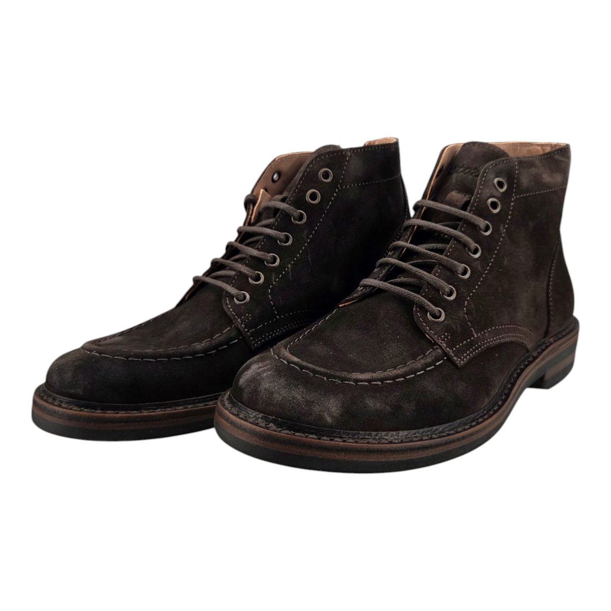 MILWORKS Astorflex Nuvoflex dark chestnut suede moc-toe boots with natural rubber soles and lace-up closure.