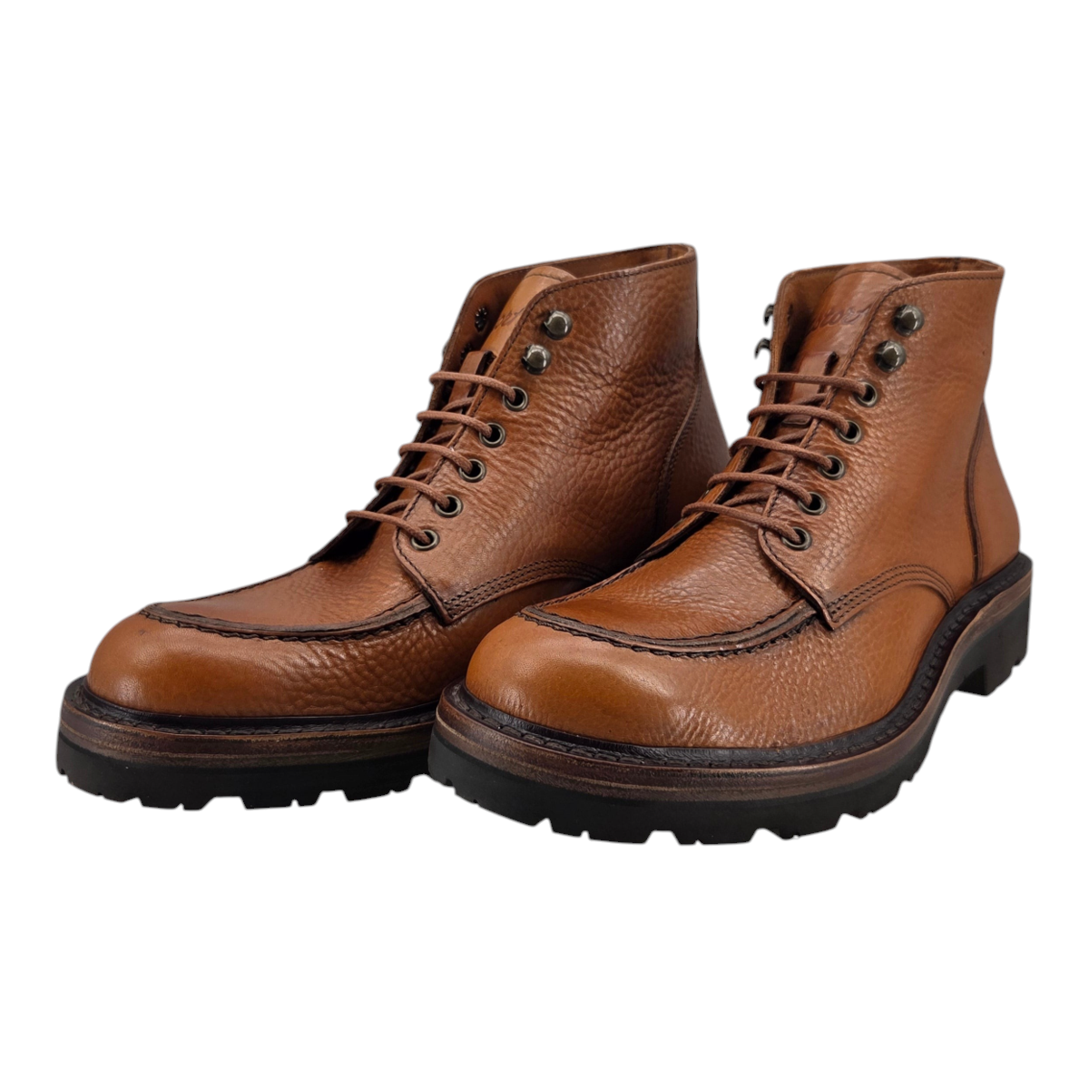 MILWORKS Astorflex Primeflex moc toe boots in nocciola tan leather with a rugged black Vibram lug sole.