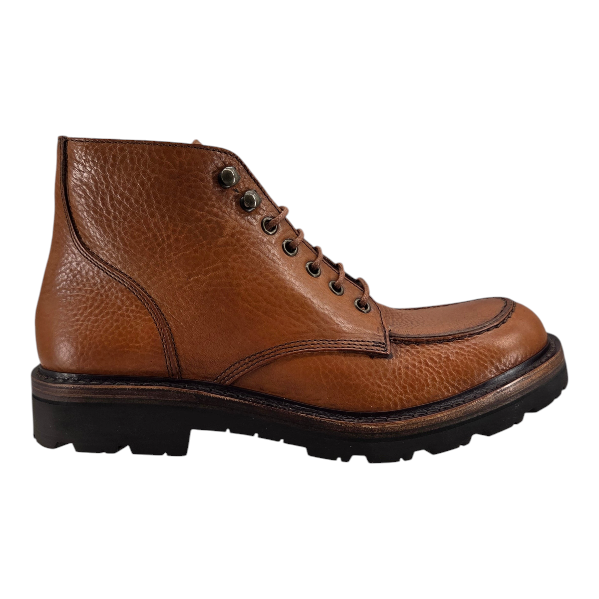 MILWORKS Astorflex Primeflex moc toe boot in nocciola tan leather with a rugged Vibram sole, side profile view.