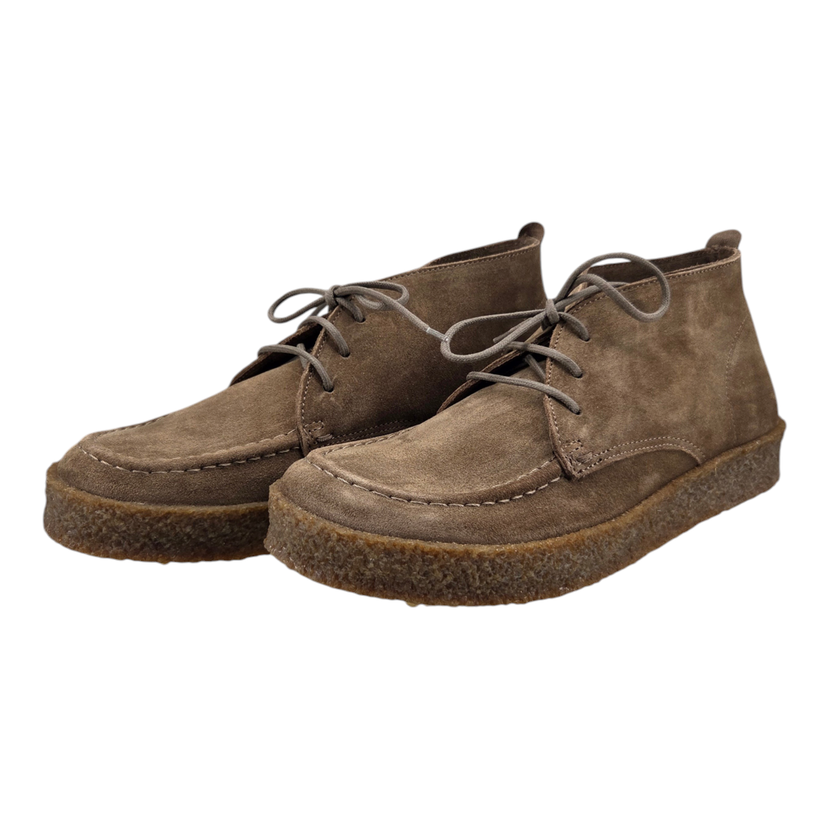 MILWORKS Astorflex Aliflex taupe suede moc toe desert boots with natural rubber crepe soles, made in Italy.