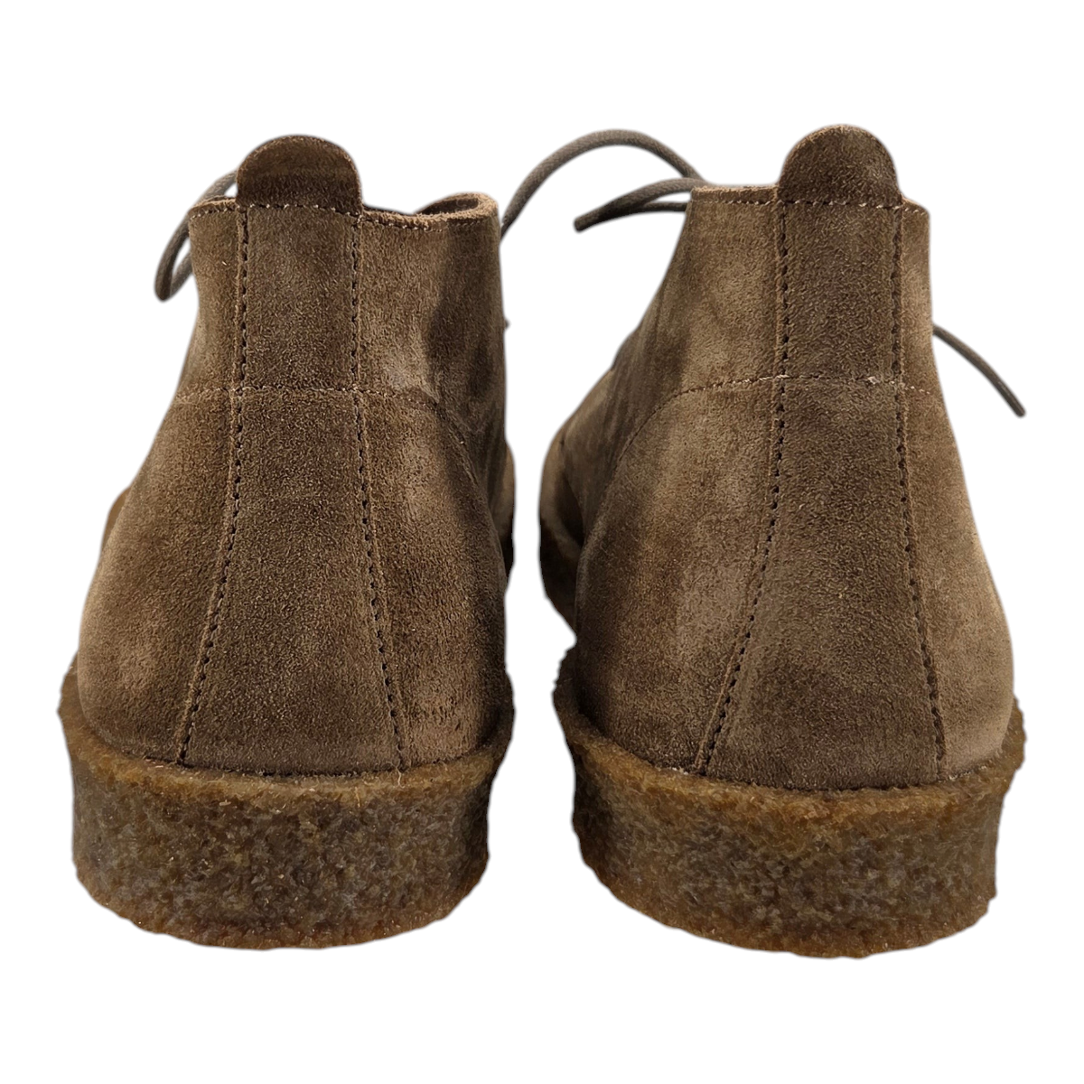 MILWORKS Astorflex Aliflex taupe suede desert boots with natural rubber soles, rear view showing heel stitching