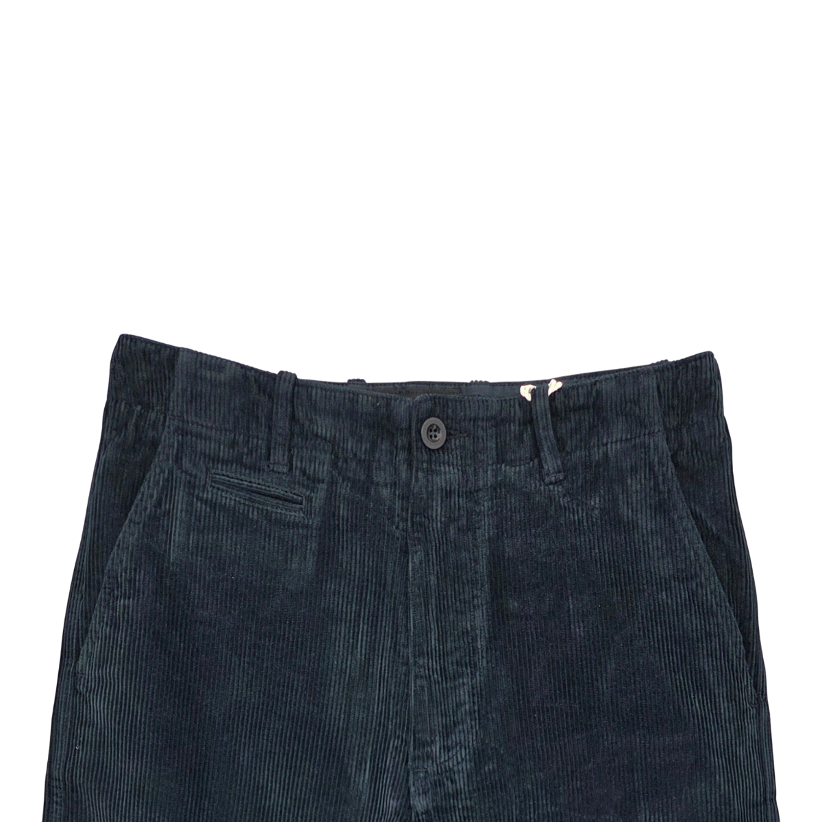 MILWORKS Axel blue corduroy chino trousers featuring a button fly and classic relaxed fit design.