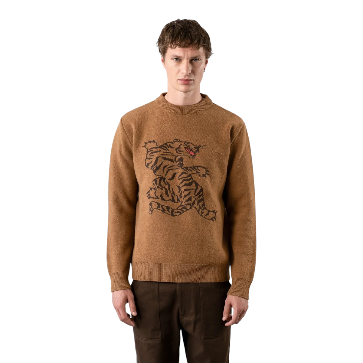 MILWORKS Bagh Motif wool sweater in brown featuring a large tiger jacquard design on the chest and ribbed crew neck.