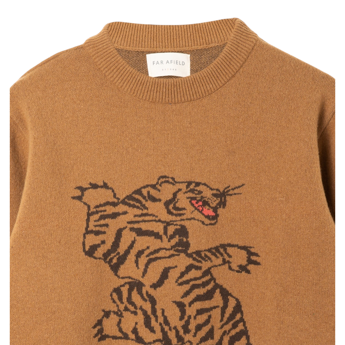 MILWORKS Bagh Motif wool sweater in brown with a large tiger jacquard design and red accent on the crew neck
