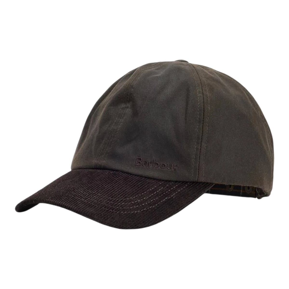 MILWORKS Barbour Ashby cap in olive brown waxed cotton with a contrasting corduroy peak and embroidered logo detail.