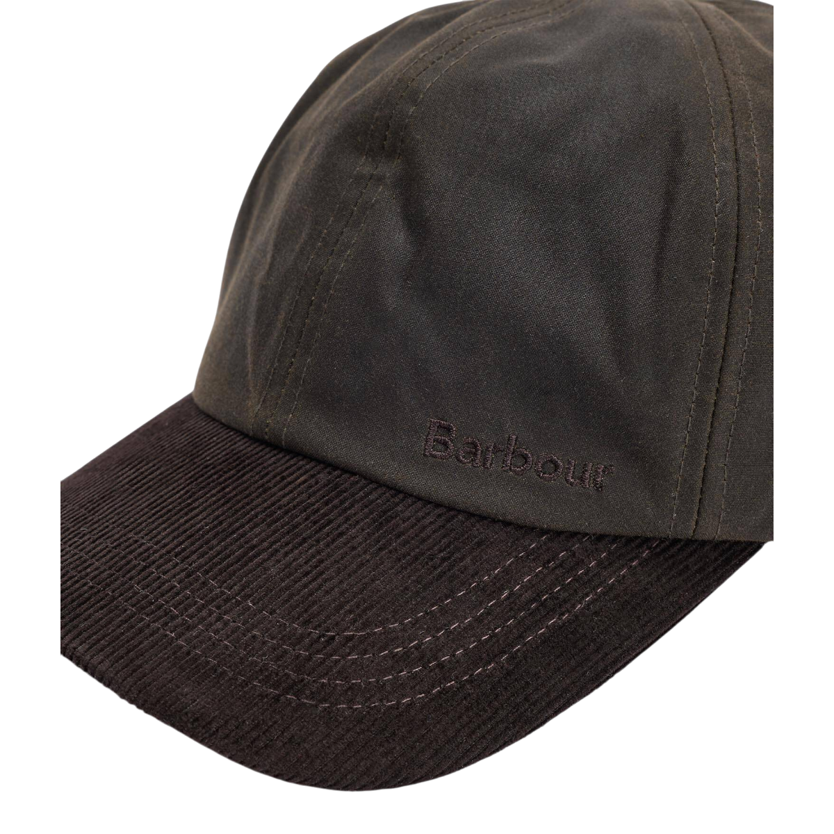 MILWORKS Barbour Ashby cap in olive brown waxed cotton with a corduroy peak and embroidered logo detail