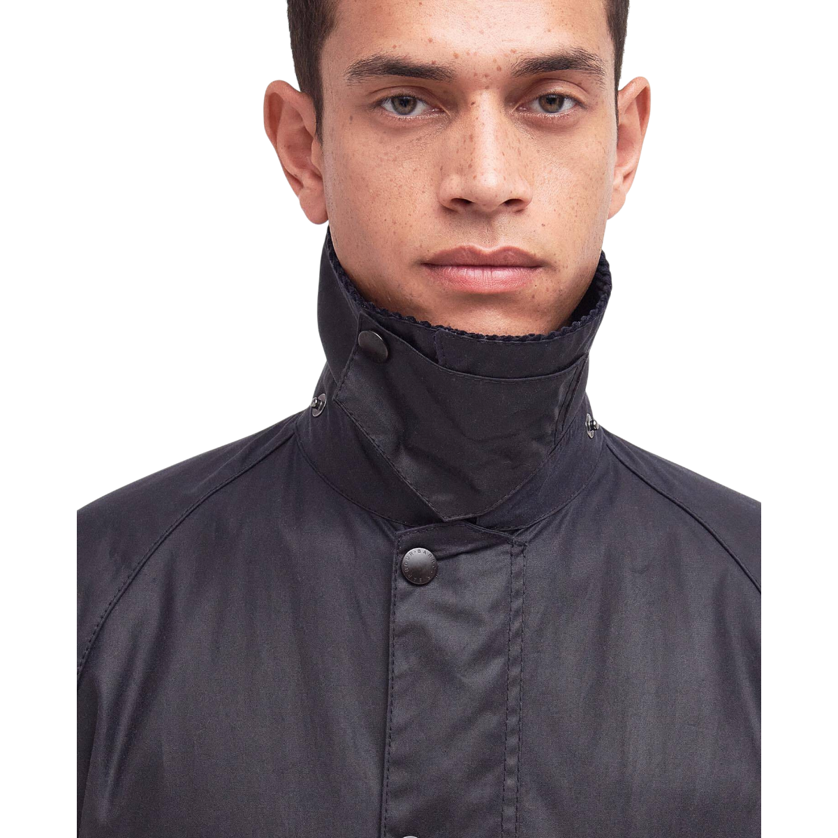 MILWORKS Barbour Bedale navy waxed cotton jacket with corduroy collar and throat flap on a male model