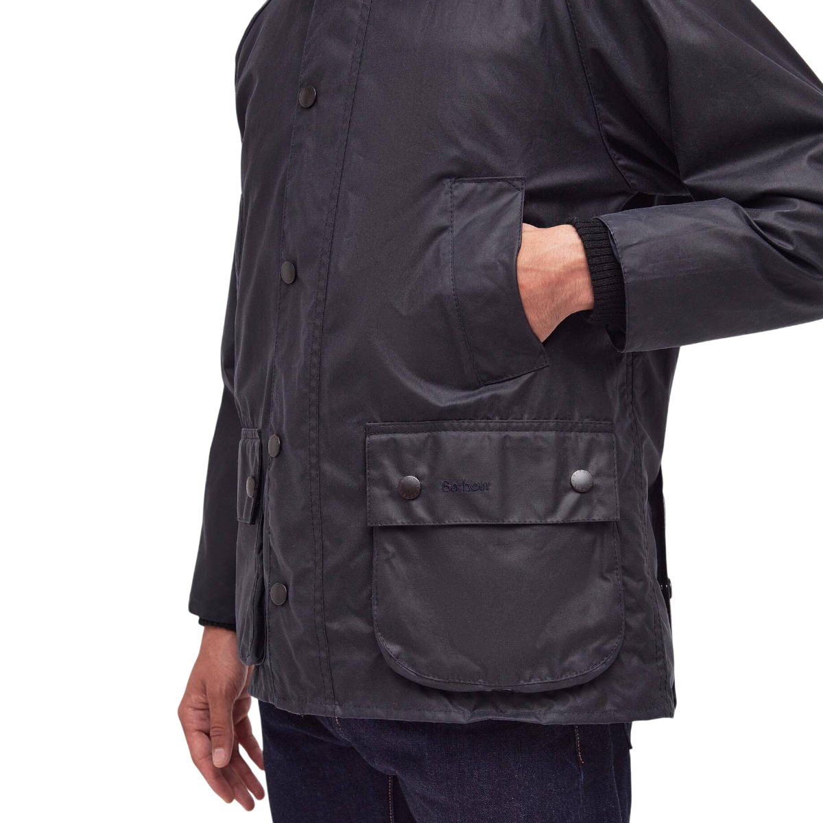 MILWORKS Barbour Bedale navy waxed cotton jacket featuring large bellows pockets and moleskin-lined handwarmer pockets.