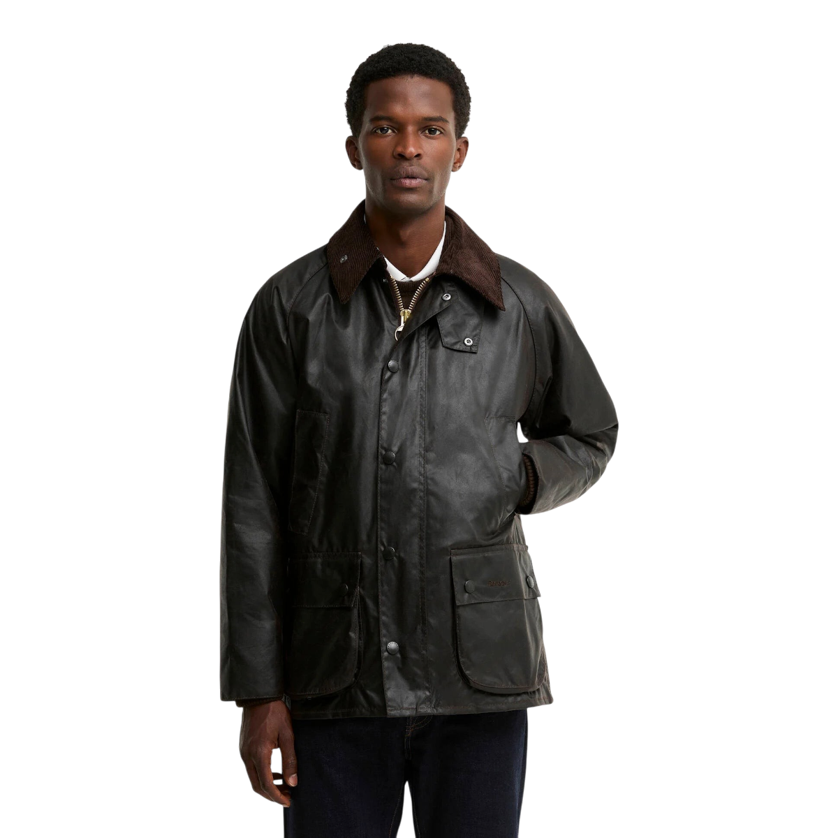A model wearing a MILWORKS Barbour Bedale rustic brown waxed cotton jacket with a corduroy collar and bellows pockets.