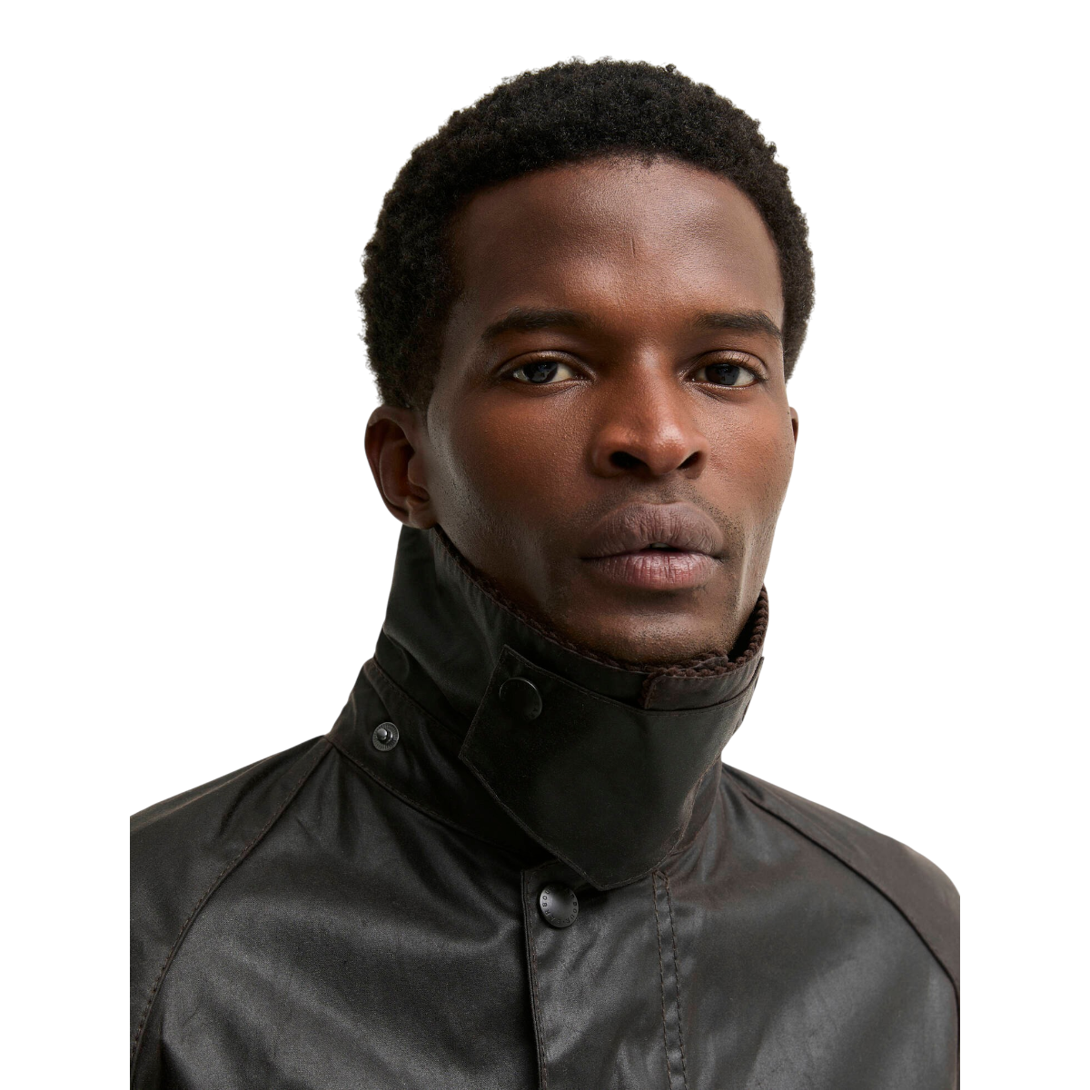 MILWORKS Barbour Bedale waxed cotton jacket in rustic brown with a high corduroy collar and snap-button throat flap.