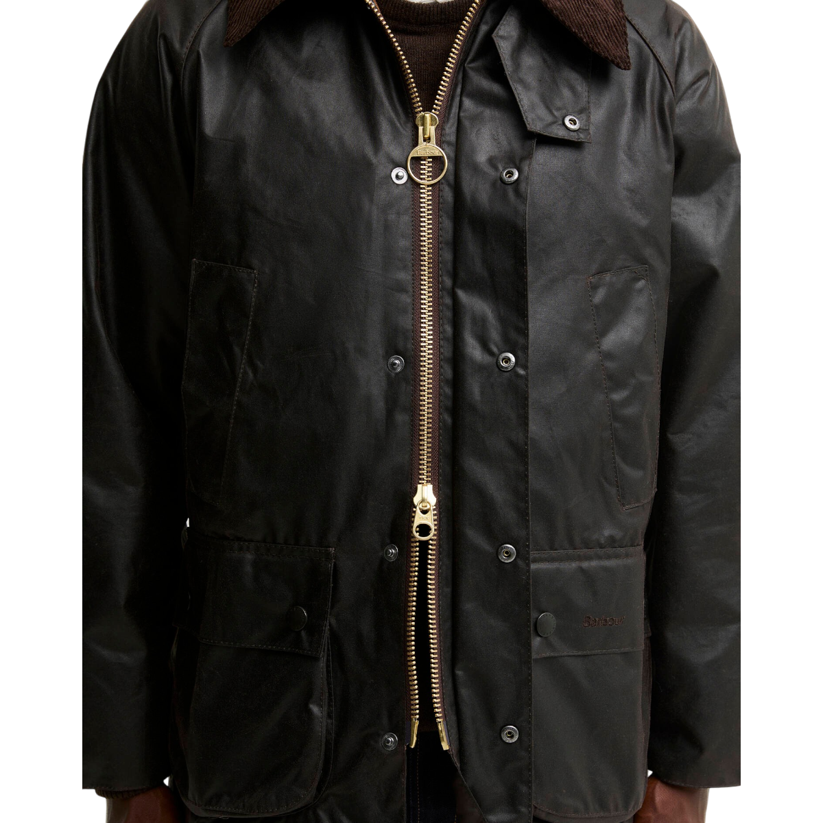 MILWORKS Barbour Bedale waxed cotton jacket in rustic brown with brass two-way zip and corduroy collar