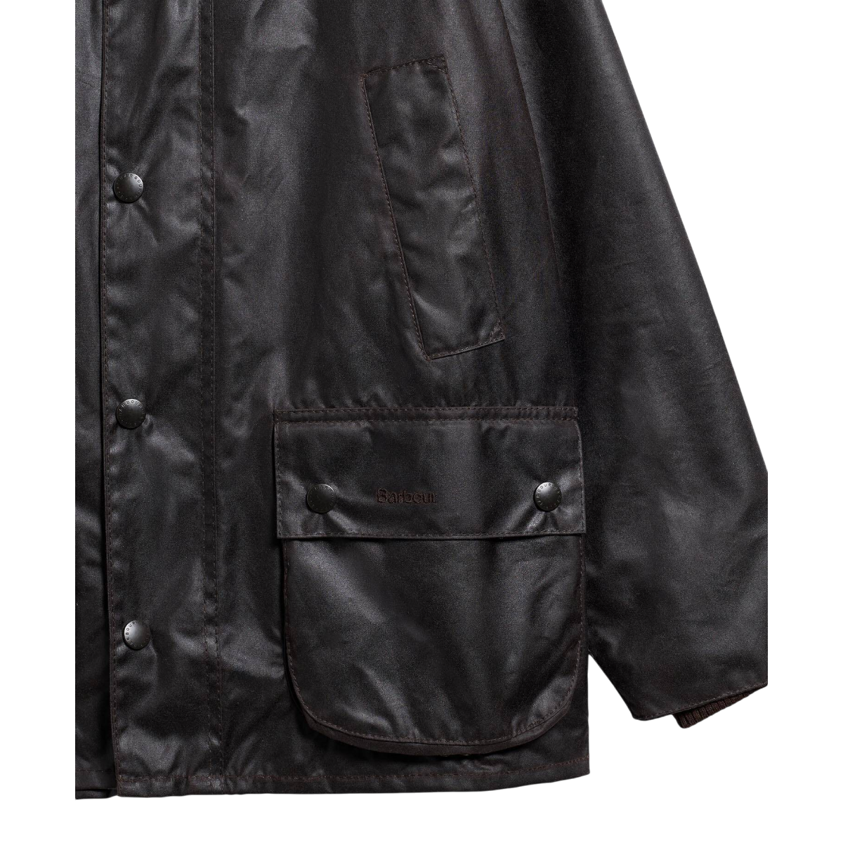 MILWORKS Barbour Bedale waxed cotton jacket in rustic brown featuring a large bellows pocket and brass snap buttons.