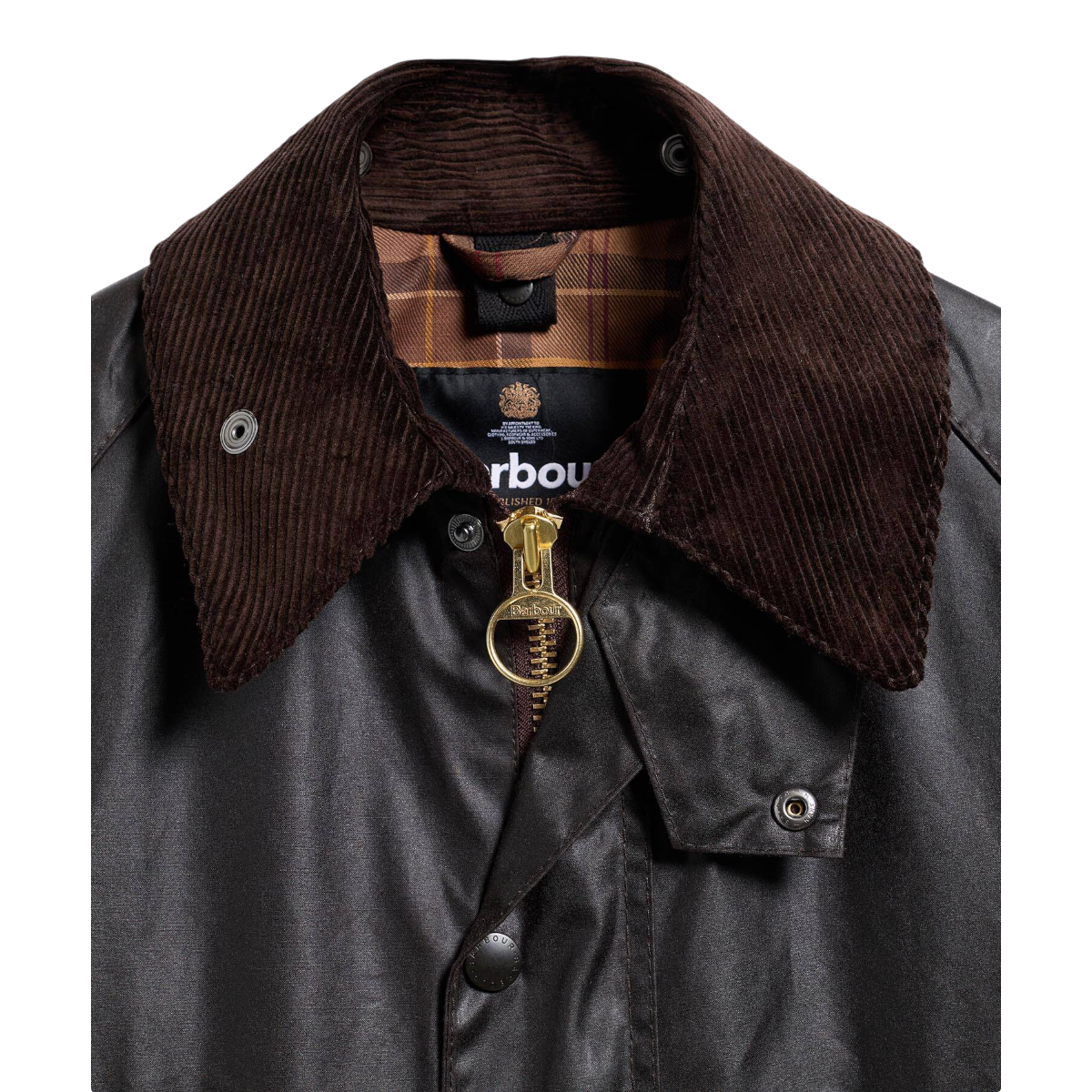 MILWORKS Barbour Bedale waxed jacket in rustic brown with a corduroy collar and brass ring-pull zipper detail.