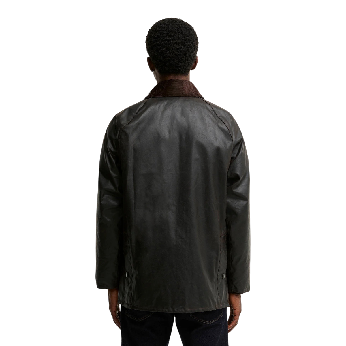 Back view of a man wearing a MILWORKS Barbour Bedale waxed cotton jacket in rustic brown with a corduroy collar.