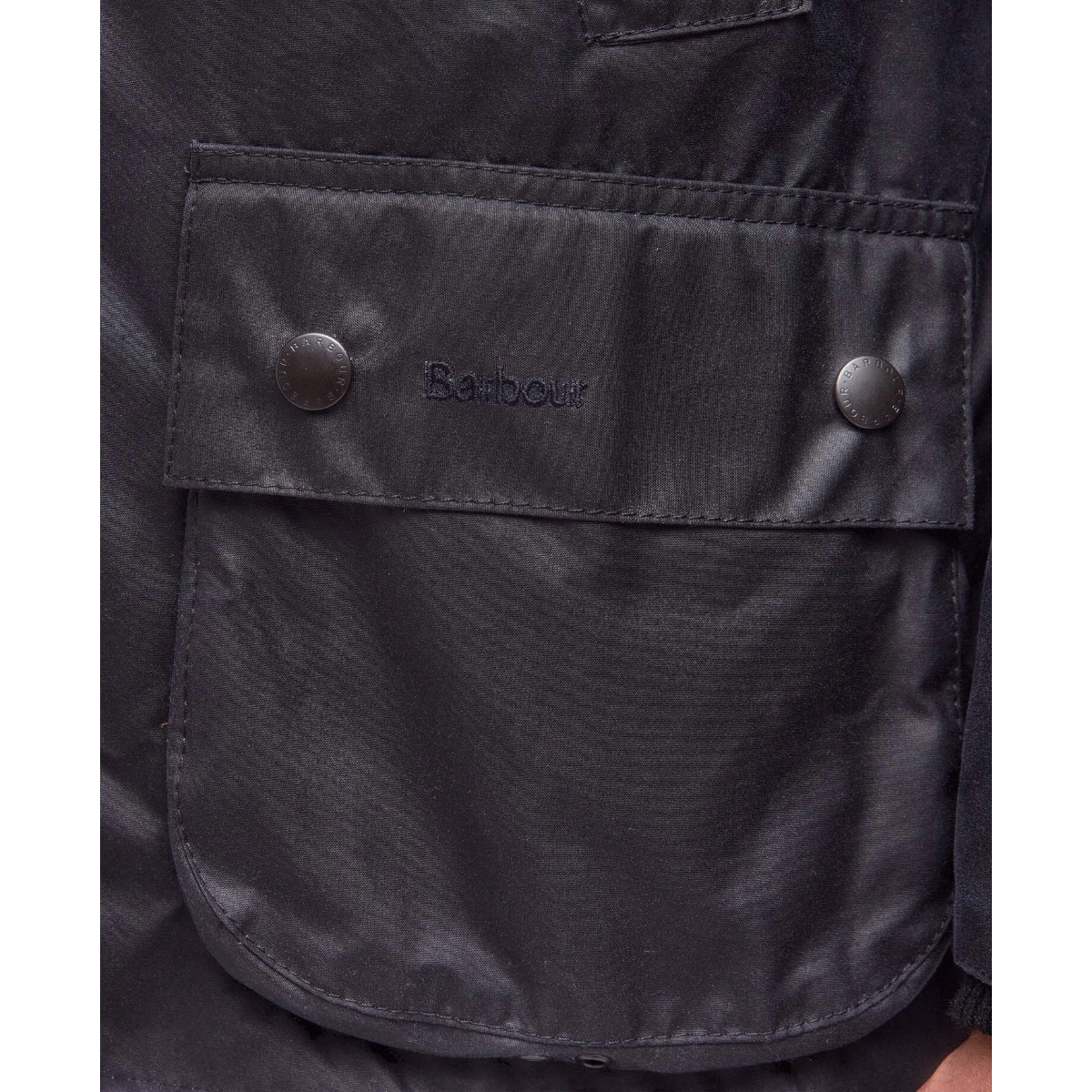 MILWORKS Barbour Bedale waxed cotton jacket navy bellows pocket with branded studs