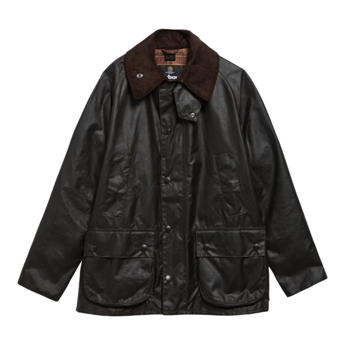 MILWORKS Barbour Bedale waxed cotton jacket in rustic brown with a corduroy collar and large bellows pockets.