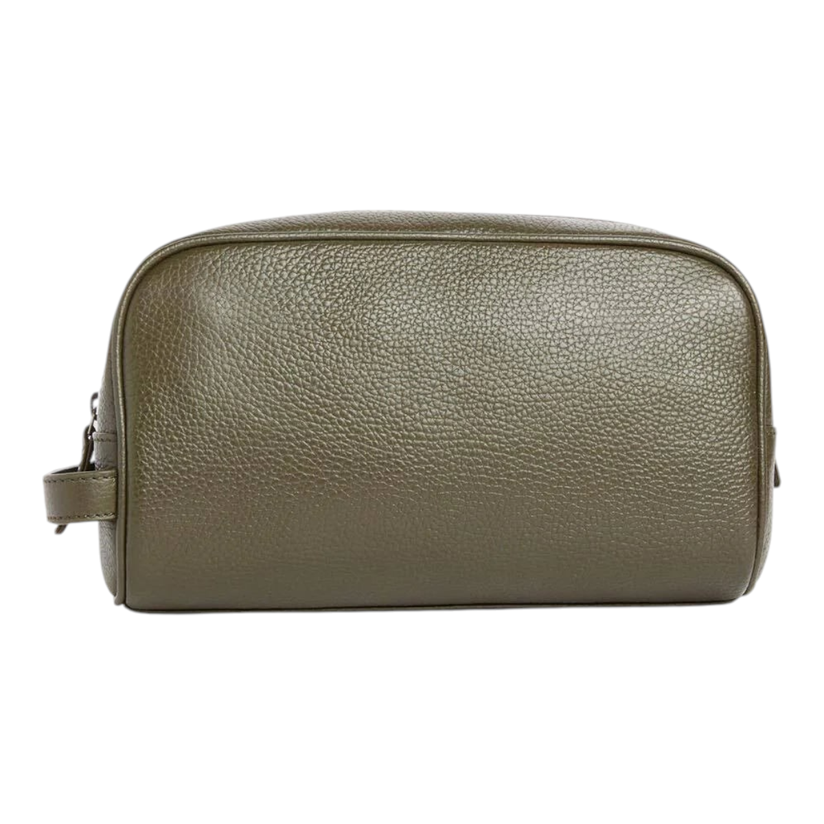 MILWORKS Barbour Brunson dark olive grain leather washbag with a side carry handle and zipped closure.