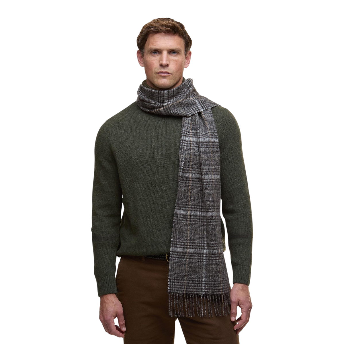 MILWORKS Barbour Danbrooke grey lambswool and cashmere scarf with Prince of Wales check and tasselled hem on a model