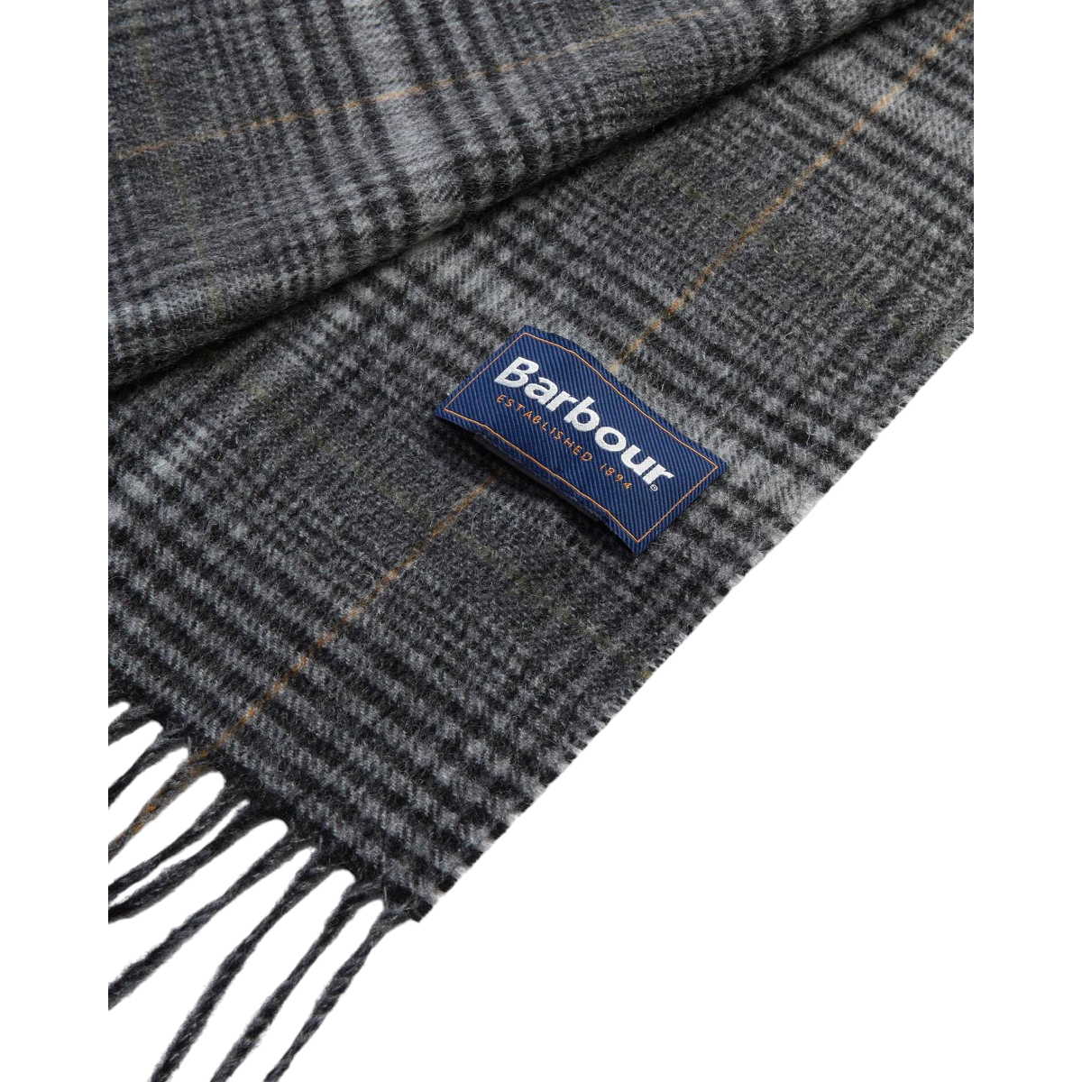 MILWORKS Barbour Danbrooke grey lambswool and cashmere scarf with Prince of Wales check and tasselled hem