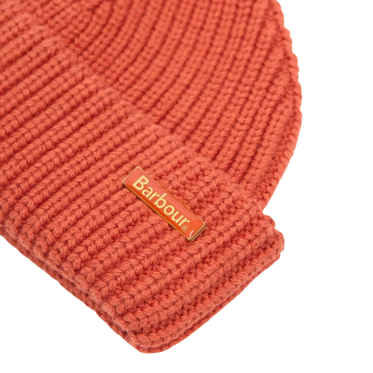 MILWORKS Barbour Mosely fisherman beanie in rooibos red cotton-wool blend with a removable metal logo pin badge