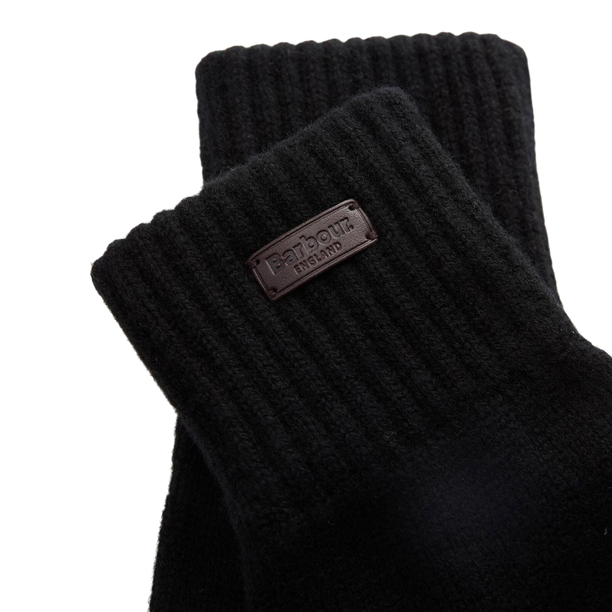 MILWORKS Barbour Heath black wool fingerless gloves with ribbed cuffs and a branded leather patch.