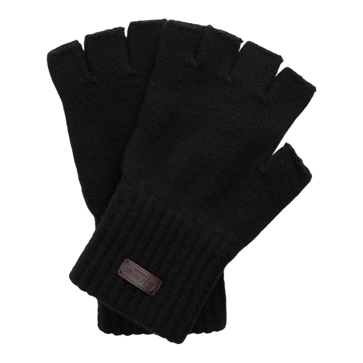 MILWORKS Barbour Heath black fingerless wool gloves with ribbed cuffs and a leather brand patch.