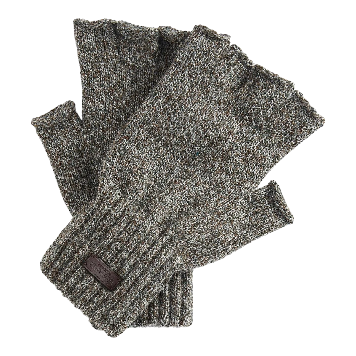 MILWORKS Barbour Heath fingerless wool gloves in a green marled knit with a ribbed cuff and leather brand patch.