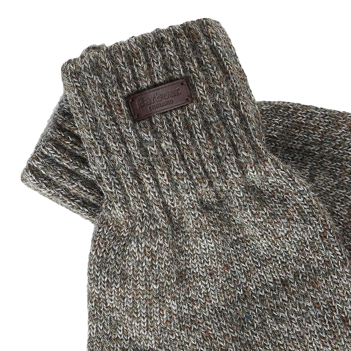 MILWORKS Barbour Heath fingerless wool gloves in green with a ribbed cuff and leather brand patch