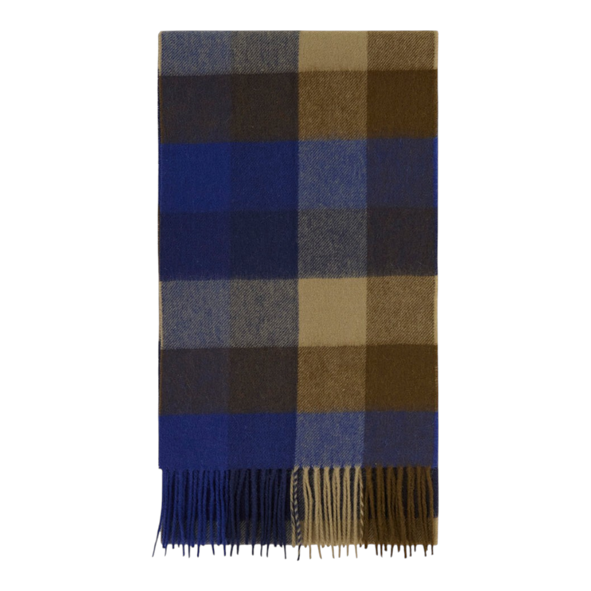 MILWORKS Barbour navy and tan lambswool scarf with a large Tattersall check pattern and fringed tassel hem.