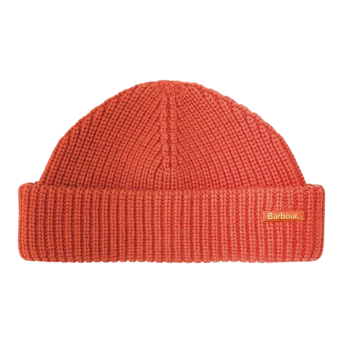 MILWORKS Barbour Mosely fisherman beanie in rooibos red cotton-wool blend with a removable metal logo pin badge