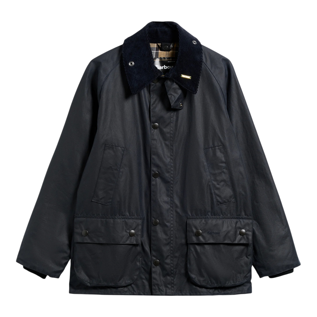 MILWORKS Barbour navy waxed cotton Bedale jacket with corduroy collar, bellows pockets, and brass zip closure.