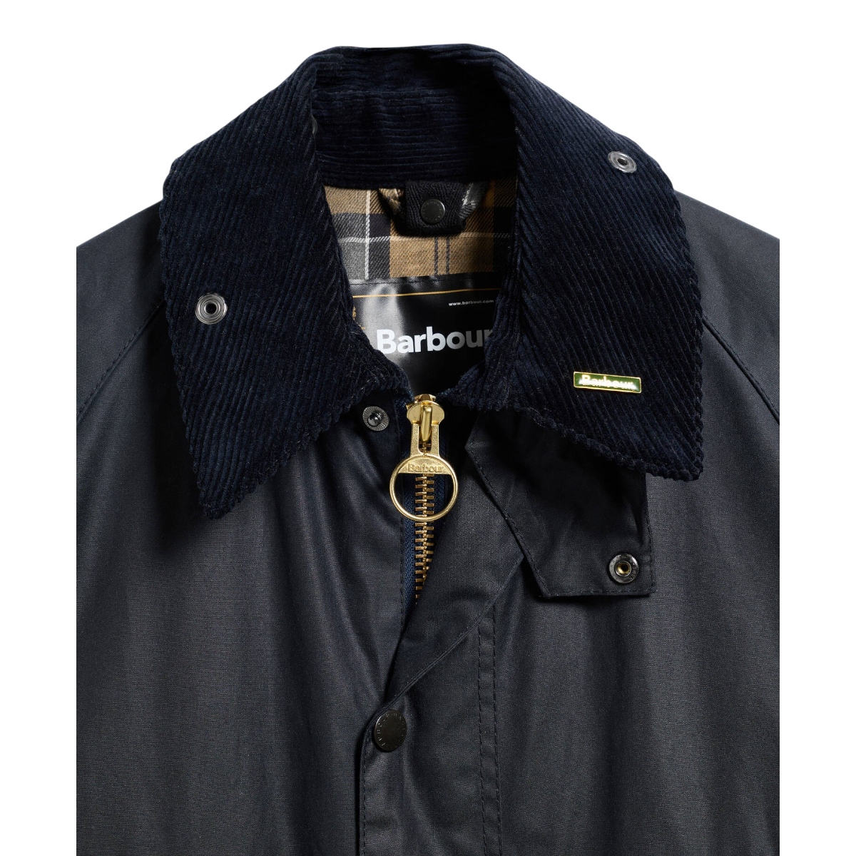 MILWORKS Barbour navy waxed cotton Bedale jacket featuring a corduroy collar, brass ring-pull zip, and tartan lining.