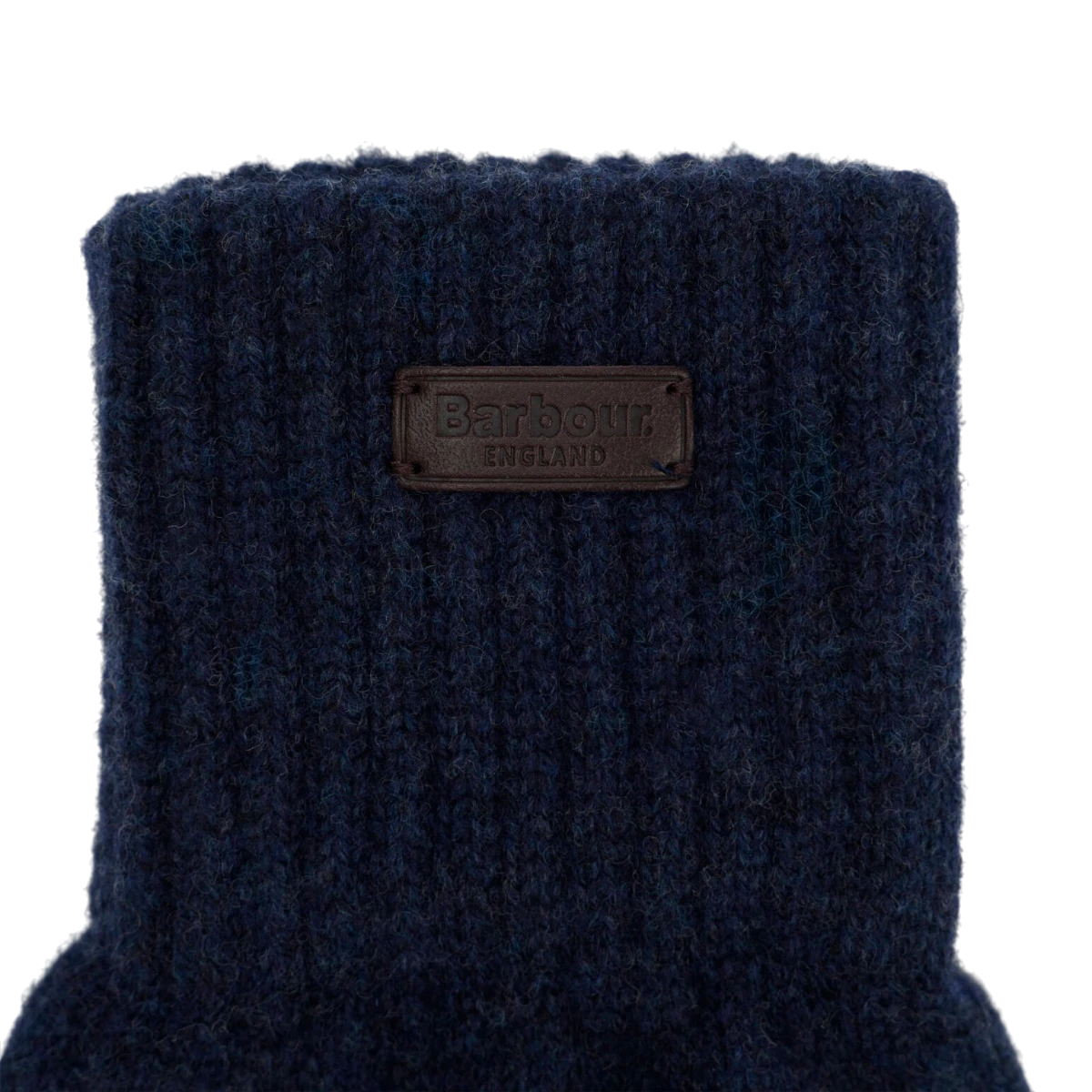 MILWORKS Barbour Heath navy blue wool fingerless gloves featuring a ribbed knit texture and branded leather patch.