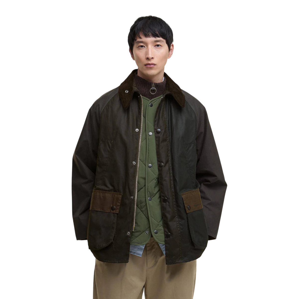 MILWORKS Barbour Patchwork Oversized Bedale waxed cotton jacket in tonal brown with cord collar on a male model