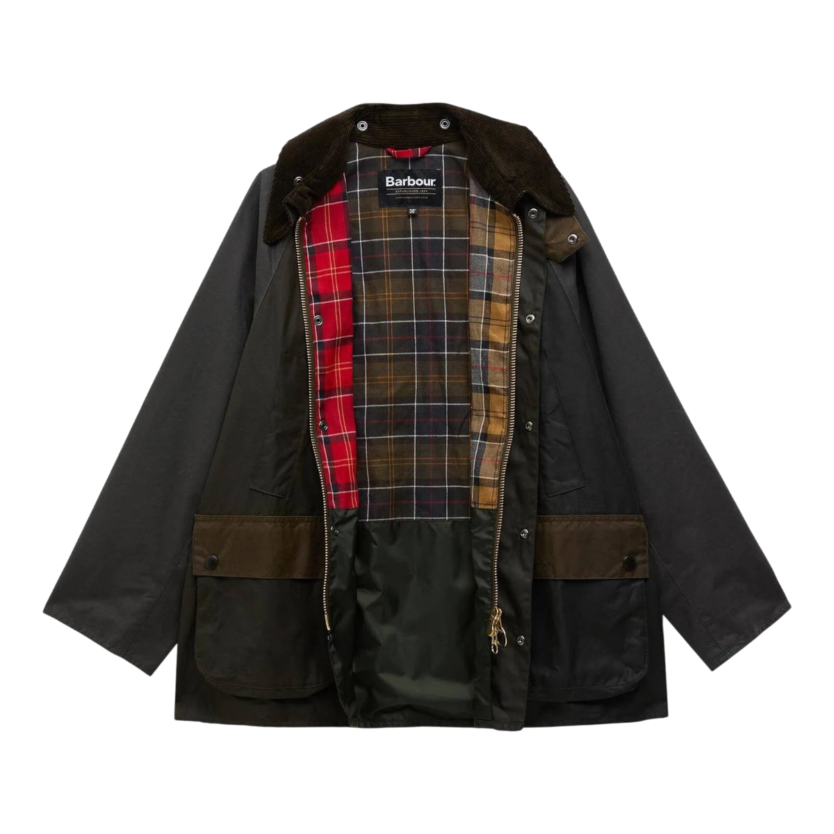 MILWORKS Barbour Patchwork Oversized Bedale waxed jacket in dark green with a corduroy collar and tartan lining.